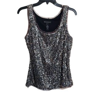 INC International Concepts Top Sequins Brown Net Trim Edging Vintage Y2K Size XS